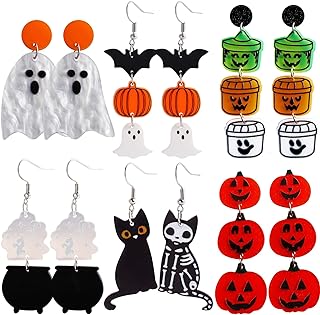 Halloween Earrings for Women Pumpkin Bat Ghost Earrings Stud Dangle Earrings Cute Acrylic Earrings Halloween Jewelry 6 Pairs