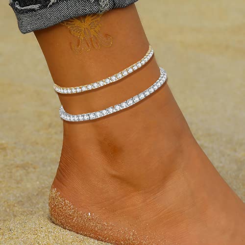 Diamond Anklets for Women Tennis Ankle Bracelets for Women Silver Anklets for Women Waterproof Rhinestone Anklet Crystal Ankle Bracelet Gold Anklets for Women Summer Beach Foot Jewelry