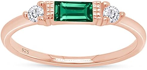 AFFY 925 Sterling Silver Baguette Cut Simulated Birthstone And White Cubic Zirconia Three Stone Design Bridal Engagement Wedding Ring Jewelry, Mother's Day Gift For Her