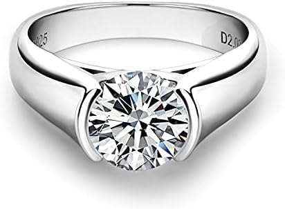 2 Carat Moissanite Solitaire Engagement Ring, Platinum-Plated Silver Half Bezel Design for Women, Round Cut, Size 5