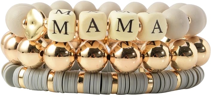 Mama Bracelets For Women Chunky Stack Gold Layered Beaded Bracelet Jewelry Birthday Gifts for Mom From Daughter,son,18K Gold Plated Charm Bracelets for New Mom Unique Christmas Gifts for MAMA,Best Mom Gifts