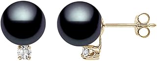 14k Yellow Gold AAAA Quality Japanese Black Akoya Cultured Pearl Diamond Stud Earrings for Women - PremiumPearl