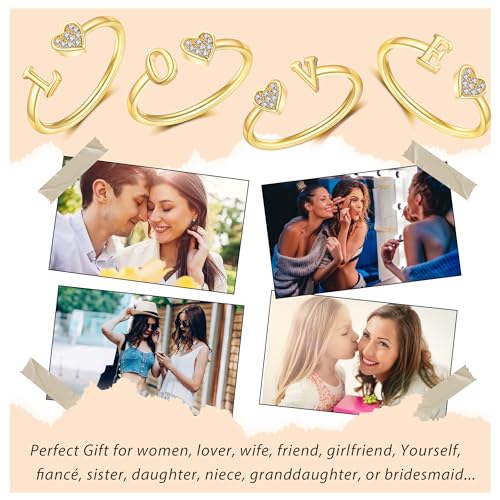 Heart Initial Ring for Women Teen Girls Silver Rose Gold Plated Heart Capital Letter Initial Rings Stackable Rings for Women Girls Adjustable Heart Alphabet Letter Rings Jewelry Gifts for Women
