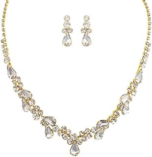 Rosemarie Collections Women's Stunning Rhinestone Crystal Teardrop Statement Necklace Hypoallergenic Drop Earrings Set, 15"+6" Extender