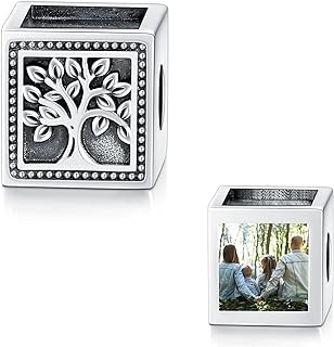 Personalized Photo Charm Bracelet Bead in Sterling Silver with Cubic Zirconia for Women by LONAGO - Customizable 2/3/4 Sided Photo Holder, Fits Snake Chains