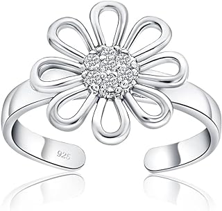 925 Sterling Silver Open Toe Ring Encrusted with Cubic Zirconia Flower Design for Women, Teen Girls, and Men