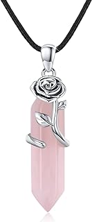OHAYOO Crystal Rose Quartz Pendant Necklace for Women 925 Sterling Silver Wrapped Healing Stone Rose Flower Birthstone Crystal Necklace Gifts for Women Girls