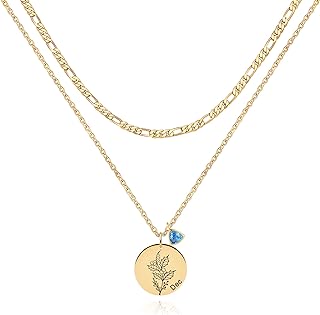 MTMY Birth Flower Necklaces, 18K Gold Plated Dainty Birth Flower with Birthstone Pendant Necklaces Layered Coin Necklaces Jewelry Gifts for Women Girls