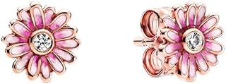 Push-Back Glow in the Dark Cubic Zirconia Stud Earrings for Women - PANDORA Pink Daisy Flower Design in 14k Rose Gold - Perfect Gift for Her