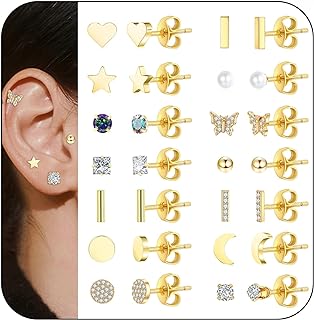 Samoco Stainless Steel 14-Pair Stud Earrings Set with Push Back Closure for Women: Dainty Gold/Silver Plated, Geometric Design for Multi-Piercing