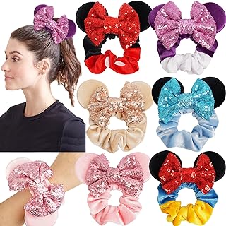 6 Pack Mouse Mickey Ears Scrunchies Velvet Sparkle Sequin Minnie Bows Hair Scrunchies Hair Ties Elastic Rubber Bands Ponytail Holders for Kids Women Girls Adult Christmas Party Decoration