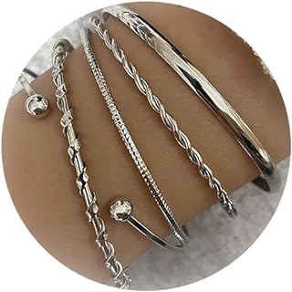 Spring Ring Clasp Silver Alloy Stackable Bracelets for Women, Set of 5 Boho Cuff & Layered Bangles, Perfect Jewelry Gift for Girls