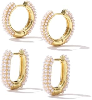 14K Gold Plated Pearl Hoop Earrings with Oval and Round Designs for Women - Lightweight & Hypoallergenic Fashion Jewelry