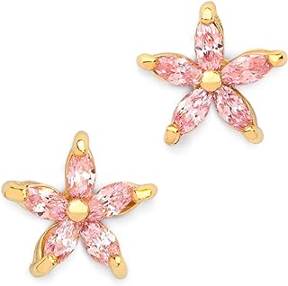14K Yellow Gold Plated Push Back Mrs Earrings with Pink Cubic Zirconia Flower Studs | Benevolence LA Design | Perfect Gift for Her