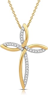 Jewelili Sterling Silver or Yellow Gold over Silver 1/8 Cttw Natural White Round Diamond Cross Pendant Necklace 18 Inches Rolo Chain