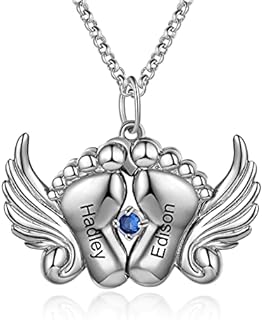 JewelOra Personalized Locket Photo Necklace for Women Custom Angel Wings Baby Feet Pendant Necklace with Simulated Birthstone Engraved Name Pendant for Mom New Mother