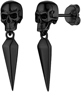 Suplight Black Skull Earrings 925 Sterling Silver Gothic Skull Spike Dangle Earrings for Men Women