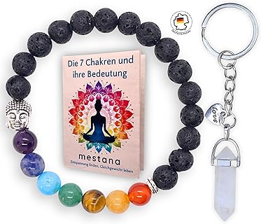 ESROVER Handgefertigtes Chakra Armband mit echten Heilsteinen, Lavastein und Buddha-Perle für Männer und Frauen, inklusive Heftchen zur Bedeutung und Bergkristall-Schlüsselanhänger. Ideal als Meditationszubehör und Duftdiffuser