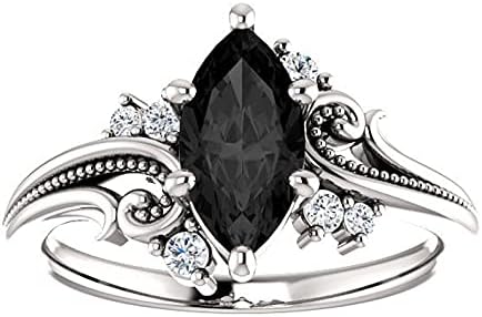 Filigree Black Marquise Ring White Gold Finish, Floral Marquise Shape Onyx Black Simulated Diamonds Engagement Ring, Woodland Black Marquise Proposal Ring, Twig Leaf Ring, Mother's Day