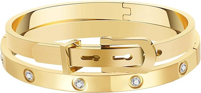 14K Gold Plated Link Chain Bracelet Set with Cubic Zirconia for Women & Teen Girls, Stainless Steel Love Friendship Bangle Featuring Lobster Claw Clasp & Roman Numeral Design