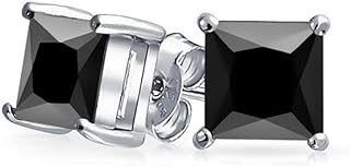 Unisex Princess cut Black Onyx 925 Sterling Silver Stud Earrings Platinum Plated Fine Jewelry for Men Women