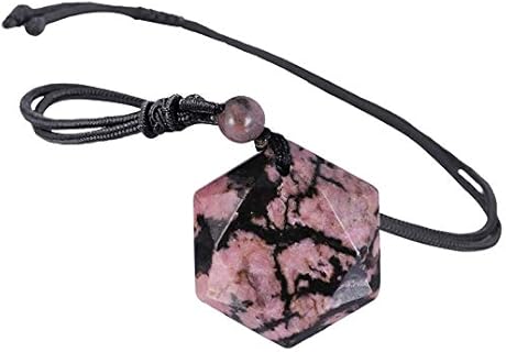 Rhodonite Crystal Hexagram Pendant Necklace with Adjustable Nylon Rope Chain for Men and Women, Reiki Quartz Amulet for Protection and Healing