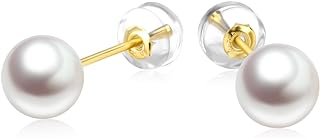 Real 18k Gold Pearl Stud Earrings for Women, Fine Jewelry for Her (7-10 MM Freshwater Cultured Pearl)