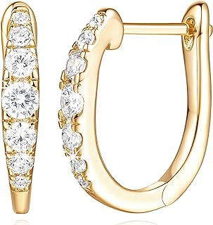 14K Gold Earrings for Women Trendy, Stylish Gold Diamond Earrings for Women, Unique U-shaped Gold Huggie Hoop Earrings, Elegant Small Gold Hoop Earrings, Gold Earrings, 16MM, Lightweight CZ