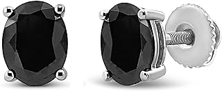 Oval Black Diamond Stud Earrings with Screw Back in Rhodium-Plated Silver - Sophisticated, Prong Set Solitaire Design