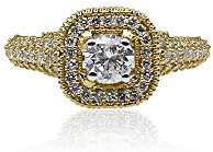 14k Solid Yellow Gold Natural Round Brilliant White Diamond Halo Milligrain Vintage Estate Solitaire Bridal Engagement Wedding Ring (1.19 cttw, G-H Color, VS-SI1 Clarity)