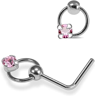 Claw Set Round Gemstone on Moving Ring Top 22 Gauge Silver L Bend Nose Stud Piercing Jewelry