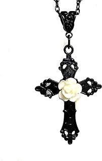Gothic Zinc Cross Pendant Necklace with Copper, Cable Chain Black Cross Necklace for Women and Teen Girls, Rose Flower Design