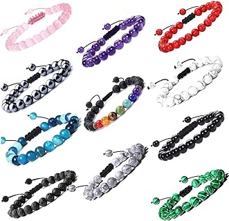 Adjustable Hematite Healing Stone Bead Bracelet with No Clasp, Unisex Design for Men and Women, Bead Chain with Lava Rock and Amethyst, 11Pcs 8mm Crystal-Beaded Chakra Bracelets