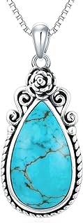 Genuine Turquoise Rose Pendant Necklace, Sterling Silver Vintage Native Western Jewelry Christmas Gift for Women