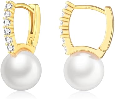 EPIRORA Sterling Silver Pearl Hoop Earrings for Women Girls, Cubic Zirconia Huggie Earrings Jewelry Wedding Prom Birthday Gifts