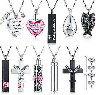 10 Pcs Urn Necklace for Ashes Cremation Jewelry Wings Tear Drop Cross Crystal Ashes Necklace Stainless Steel Zircon Memorial Locket Vertical Bar Heart Waterproof Ashes Keepsake for Men