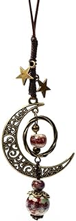 Women's Amber Boho Chic Ceramic Beaded Necklace with Moon & Star Charms - Zinc Alloy, Leather Cord