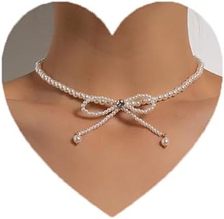 Boho Pearl Choker Necklace Gold Bow Chain Necklace Pearl Crystal Bow Necklace Vintage Pearl Beaded Necklace Jewelry for Women and Girls