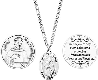 Rosemarie Collections Saint Peregrine Pewter Pendant Necklace & 2 Religious Tokens with Stainless Steel Curb Chain, USA Made