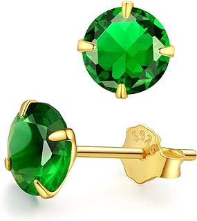 Emerald Earrings Yellow Gold or Platinum Plated Sterling Silver Green Cubic Zirconia Stud Earrings for Women Girls Trendy and Cute Hypoallergenic Jewelry