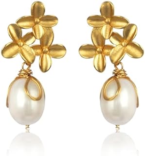 Baroque White Pearl Dangle Drop Earrings and Gold Cute Bee Stud Earrings For Women Comfy Boho Bridesmaid Large Cultured Freshwater Pearl Dangle Earrings Fine Jewelry For Birthday Holidays Gifts (Western Flower Earrings)