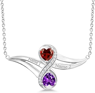 Gem Stone King 925 Sterling Silver Customized and Personalized Engraved Gemstone Birthstone 2 Heart Shape Pendant Necklace Promise Love Jewelry For Women with 18 Inch Silver Chain