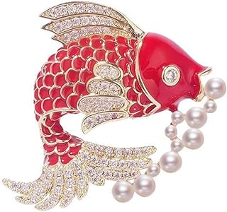 Red Carp Brooch Pearl Brocade Carp Brooch Water Rhinestone Enamel Fish Lapel Pin Chinese Crystal Animal Collar Pin Ladies' Jewelry Gift