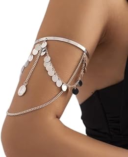 Missgrace Boho Dainty Sequins Gold Silver Chain Tassels Upper Arm Cuff Armlet Open Cuff Wrap Bohemian Layered Coin Bracelet Arm Bangles Wedding Costume Jewelry for Women