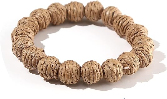 Pingyongchang Rattan Ball Bracelet for Women Girls Handmade Lightweight Straw Wicker Braid Woven Beaded Elastic Bracelet Bohemian Statement Summer Beach Bracelet