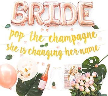 Bachelorette Party Decorations Kit | Bridal Shower Supplies | Bride to Be Sash, Ring Foil, Rose Balloons, Glitter Banner | Pop The Champagne She is Changing Her Name (Gold)