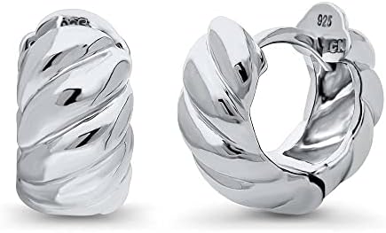 BERRICLE Women's Sterling Silver Small Cable Hoop Huggie Earrings with Snap-Back Finding, Rhodium Plated, No Gemstone Design - 0.5" Diameter