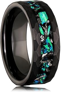 Handcrafted Meteorite and Emerald Green Opal Ring - Black Hammered Tungsten Wedding Ring for Men - Opal Meteorite Men's Ring, Unique Men Wedding Band, Brushed Finish