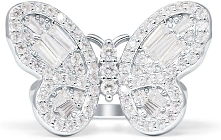 925 Sterling Silver Butterfly Engagement Ring with Cubic Zirconia for Women in Baguette Cut Design