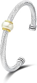 UNY JEWEL Two Tone Twisted Cable Wire Imitation Pearl Open Cuff Bangle Bracelet Women Jewelry Designer Inspired Christmas Gifts (Middle Cream Pearl)